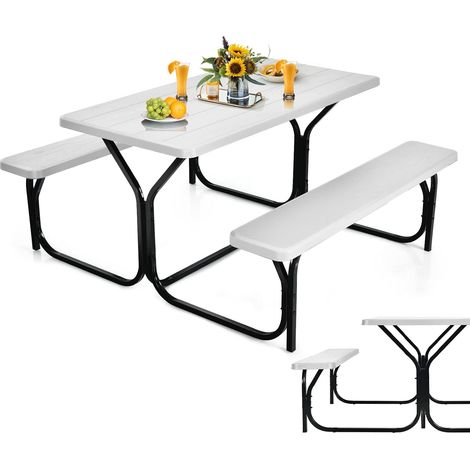 Costway – Ensemble table et bancs de pique-nique 136,5cm – Cadre en métal – HDPE imperméable – Charge 200kg bancs – Pour 4 à 6 personnes – Assemblage facile (1/5)
