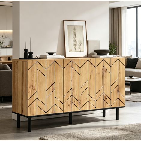 MODFU – Aparador 120x35x70 cm de aglomerado y metal con 3 puertas de motivo ondulado, bisagras silenciosas y carga 50 kg – Madera natural y negro (1/5)