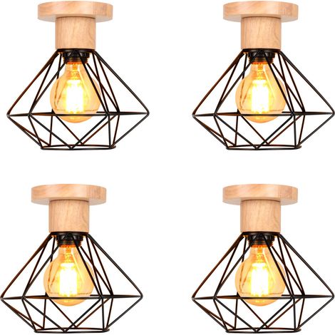 Industriale Lampada da Soffitto Gabbia Diamante in Metallo e Legno E27 Lampadario per Corridoio Scala Camera da Letto Nero 4PCS