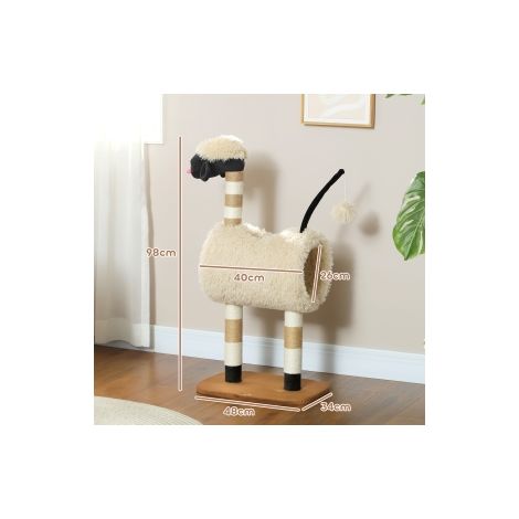 Arbre à chat beige clair 98 cm avec poteaux à griffer, tunnel et jouets pour salon, chambre et intérieur (1/5)