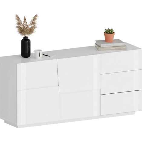 Dmora - Credenza Avelignese, Buffet da soggiorno, Madia da salotto con 2 ante e 3 cassetti, 180x44h86 cm, Bianco lucido