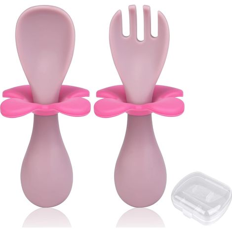 Cuillère et fourchette pour bébé, lot de 2 couverts ergonomiques pour l'apprentissage de l'alimentation autonome (P (1/5)