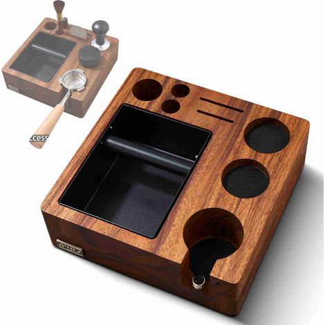TREELF Boîte à expresso 3 en 1 et station de tassage (51/54 mm), support de décharge de pression pour café, organisateur d'outils en bois de noyer avec porte-filtre pour comptoir de bar à domicile ou (1/5)