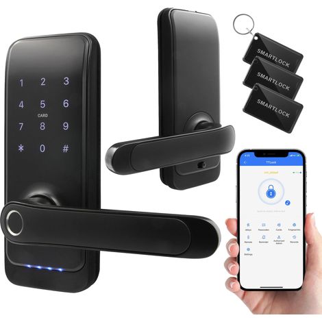 Serrure de porte intelligente avec poignée, serrure à code, lecteur de proximité 13,56 MHz, lecteur biométrique, distance universelle des verrous, noir (1/5)