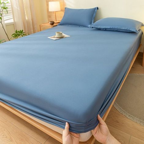 Drap-housse, housse de couette, couvre-lit en coton uni, protège-matelas (1 pièce) - Bleu foncé - 150 x 200 cm (1/4)
