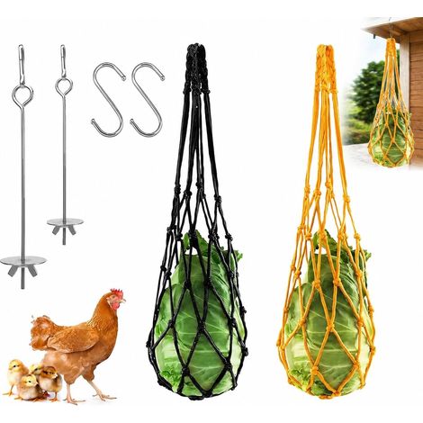 Lot de 2 filets suspendus pour poules avec 2 tiges à fruits en acier inoxydable, distributeur de nourriture et jouet pour volaille (1/5)