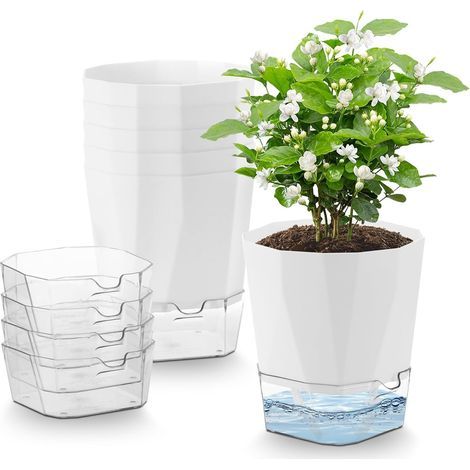 6 Pcs Pots de Fleurs en Plastique, 12.5cm Pot de Fleurs Auto-Arrosant,Pots de Plantes avec Trous De Drainage et Réservoir d'eau Amovible pour d'Intérieur d'Extérieur Jardins de Balcon, Blanc (1/4)