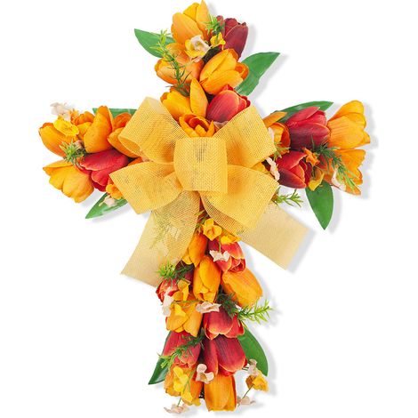 Osterkranz mit gekreuzten Tulpen, künstliche Blumengirlande für Wohnzimmer und Essbereich, gelb (1/2)