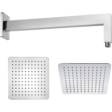 Braccio doccia ottone cromato + soffione doccia quadrato acciaio inox 200x200x2 mm spessore
