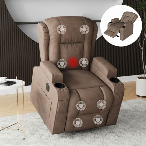 Elektrischer Aufstehsessel - Massagesessel mit 8 Massagepunkten, Lendenheizung und USB-Anschluss - Stoff - Braun