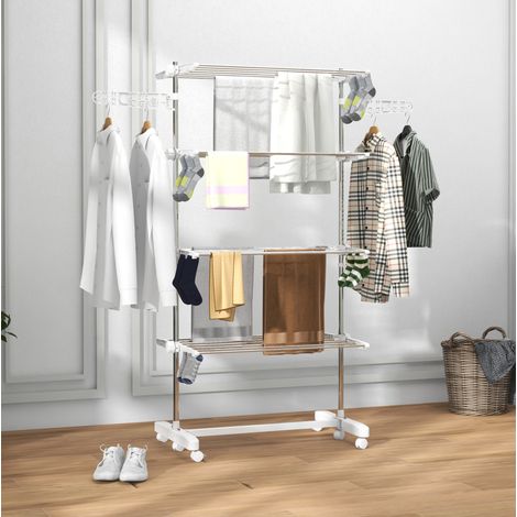 Étendoir à linge 142x55x172 cm blanc en plastique pliable à 3 niveaux avec roulettes et ailes latérales (1/5)