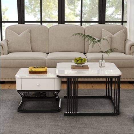 Set de 2 mesas de centro 70x70x45 y 50x50x40 cm blanco y negro en MDF y metal con 1 cajón (1/5)