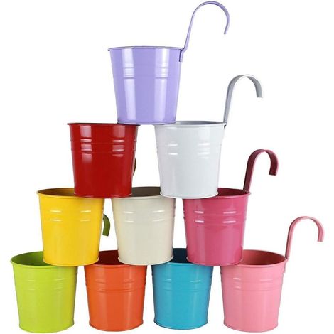 10 pièces Pot de Fleur Suspendu Colorés en Métal Jardiniere Accroche Balcon à Suspendre Fer avec Crochet Panier à Planter Décoration Clôture Jardin Balcon Mural Rambarde Patio Extérieur (1/5)