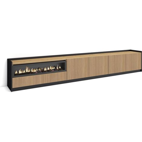 Skraut Home - Mueble TV, Televisión, Muebles de salón, almacenaje, 310x37x50cm, Para TV hasta 80", Chimenea eléctrica, Estilo Moderno, Roble y negro (1/5)