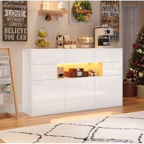 Buffet 140x30x82 cm en MDF blanc, avec rangement LED, design moderne pour salon FloraGrace (1/5)