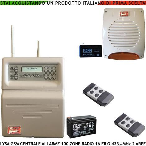Antifurto Radio Filo Lysa GSM Centrale e 2 Radiocomandi 100 Zone Radio 433,92 MHz Batteria 12 V 7 Ah 16 Zone Filo 3 Aree Memoria Eventi Sydra App Android Codici Utente e Tecnico GSM Ascolto Ambientale (1/5)