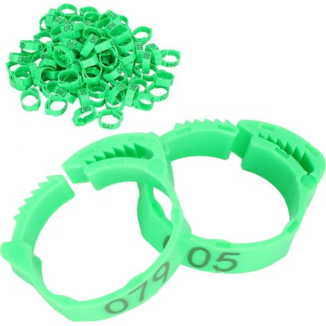 Lot de 100 anneaux pour pattes de volaille (poulets, canards, oiseaux) avec clip et étiquette, vert. (1/5)