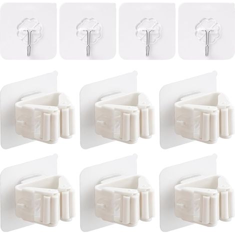 6 Supports De Balai, 4 Crochets Transparents, Sans Poinçon, Plastique Et Acier Inoxydable, Pour Cuisine Et Salle De Bain (1/5)