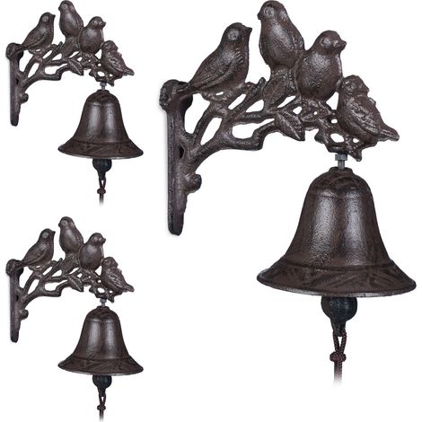 Relaxdays Set of 3 Cast Iron Doorbells, Antique Bird Country Look, Clear Sound, Garden Ornament, Weatherproof, Brown