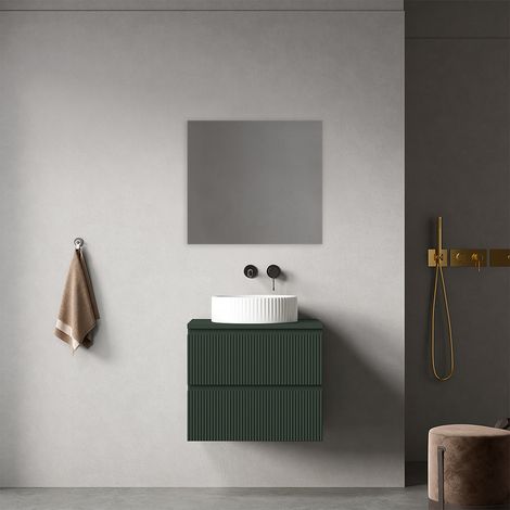 Mobile bagno sospeso cannettato 60 cm Verde Comodoro per Lavabo d'appoggio Specchio Quadro - Fiji Paint Top Canneté
