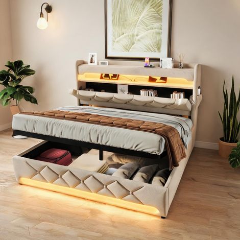 Cadre de lit beige en lin 225 x 166 x 111 cm (1/5)