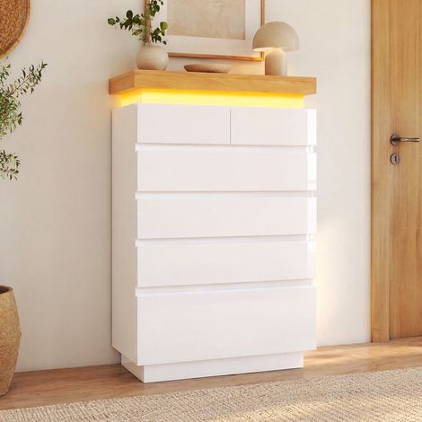 Cassettiera bianca lucida a 6 cassetti con LED, 115 x 73 x 39 cm DESVIAE (1/5)