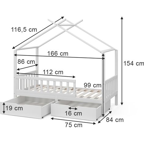 Lit cabane Franka, Blanc, 80x160 cm avec 2 tiroirs, Vitalispa