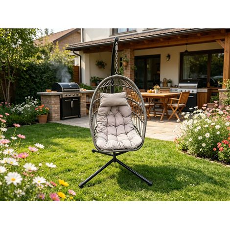 Fimous Rattan Garden Foldable Single Hanging Egg Chair Indoor Outdoor Patio Furniture with Grey Cushion