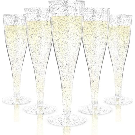 Plastic Champagne Flutes, Silver Glitter Glasses Reusable Wine Cups Party Stem for Shower Parties Birthday Wedding Garden (1/5)