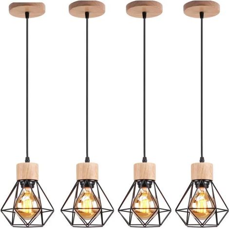 Lot de 4 lustres industriels, plafonniers cage en métal, suspensions vintage, lampes suspendues avec ampoule chaude, longueur de corde réglable (1/5)