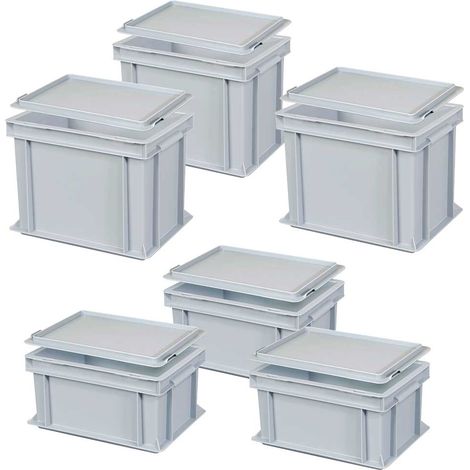 BRB Lot de 6 boîtes Euro avec couvercle, qualité industrielle, 3 x 300 x 200 x 150 mm, 3 x 300 x 200 x 220 mm, grises