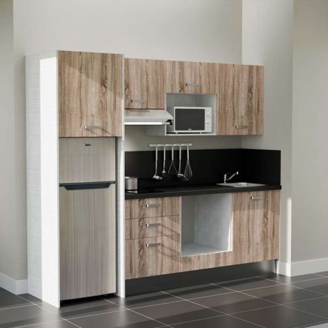 Kochnischen K37L-PT - 240 cm - Laminatplan, spüle Edelstahl, - Holzfront - strukturierte schwarze Arbeitsplatte - Kredenzen ja + Haushaltsgeräte Edelstahl (1/4)