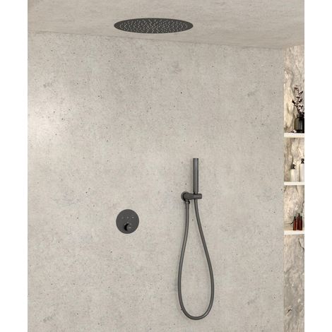 Thermostat-Duschpaket mit versenktem Kopfbrausekopf, rund - Gun metal