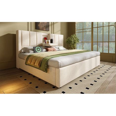 Lit coffre hydraulique 160x200 cm beige en lin avec tête de lit multifonction, porte-gobelets cachés, station de charge USB Type-C, sommier à lattes inclus, sans matelas (1/5)