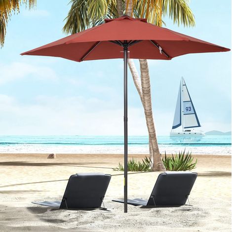 Parasol de balcon en polyester rouge vin avec mât en aluminium, Ø196 x 204 cm, ouverture push et aérations (1/5)