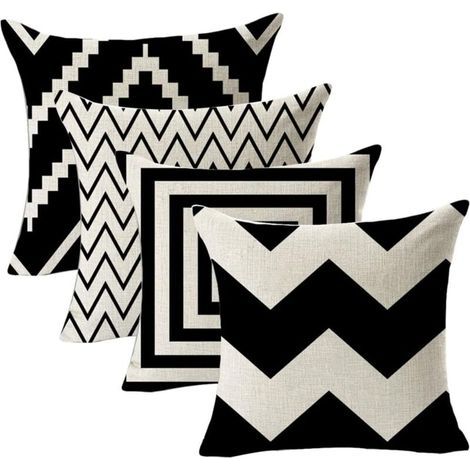 Lot de quatre taies doreiller géométriques en lin noir et blanc pour chambre et salon housses carrées pour canapé et lit design (1/5)