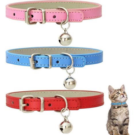Collar de seguridad de cuero para gatos con banda elástica y cascabel en rojo, azul y rosa (para cuellos de 20 a 28 cm). (1/5)