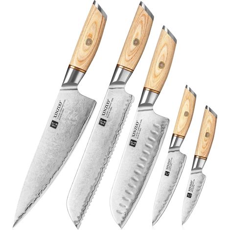 5 Piece Composite Steel Kitchen Knife Set, Chef Knife Set in 10Cr15CoMoV Compound Steel 3 Layers, Sharp Knife Set - Pakka Wood Handle (1/5)