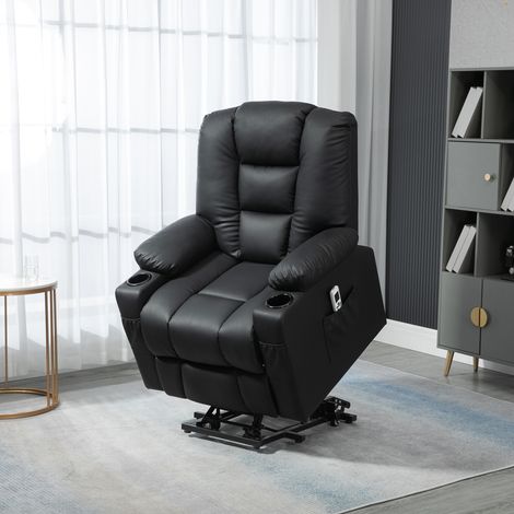 Sillón reclinable con función de elevación, puerto USB, función de masaje, piel sintética, hasta 150 kg, 90x98x102 cm, negro (1/5)