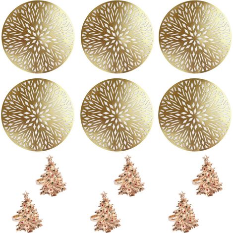 Set Of 6 Christmas Placemats And 6 Napkin Rings Dinnerware Decorative Gold Xmas Serviette Holder Gem Xmas Tree (1/4)