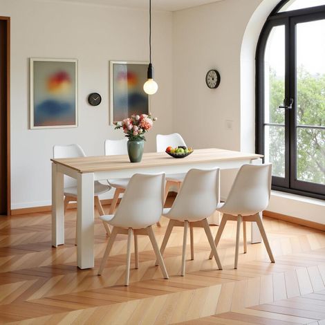 Essgruppe 6 Stühle Rechtecktisch 160cm Eiche-Weiß skandinavisch (1/5)