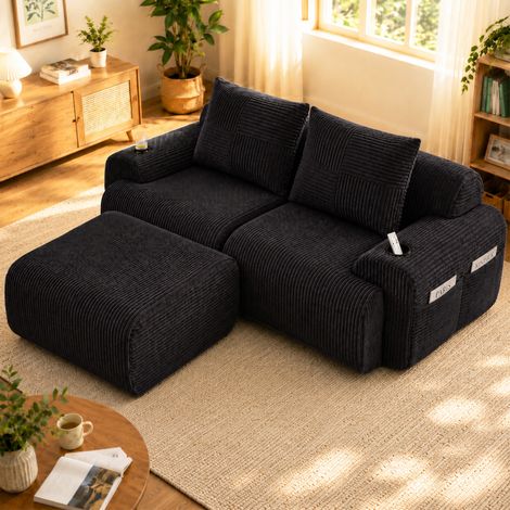 Modulares 2-Sitzer-Sofa 200 x 174 x 80 cm aus schwarzem Cord, mit Stauraum – MEUBLIV (1/5)