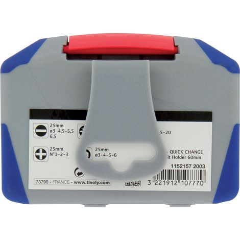 Tivoly • Confezione da 22 pezzi di punte per cacciavite Torsion TIN, contiene 3 PZ, 3PH, 7TX, 4HEX, 4FE, 1 portapunte (1/2)