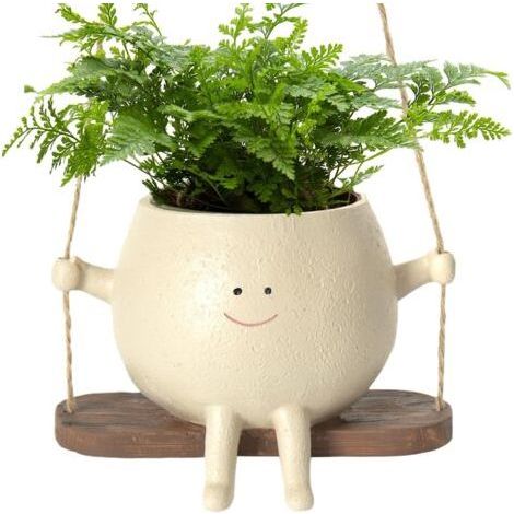 Pot De Fleurs Balançoire, Jardinière À Suspendre Intérieur Extérieur, Pot De Fleurs en Résine avec Visage Sourire Et Balançoire, Pot De Plant-ES Assis en Résine pour Plant-ES Succulentes (1/5)