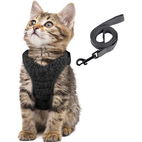 Harnais Chat Harnais Petit Chien et Chiot, Laisse Harnais Chaton Réglable, Gilet Respirant Sécurité Balade Amorti et Anti-évasion, pour Chats, Chiots et Lapins (Noir-S)-Fei Yu (1/5)