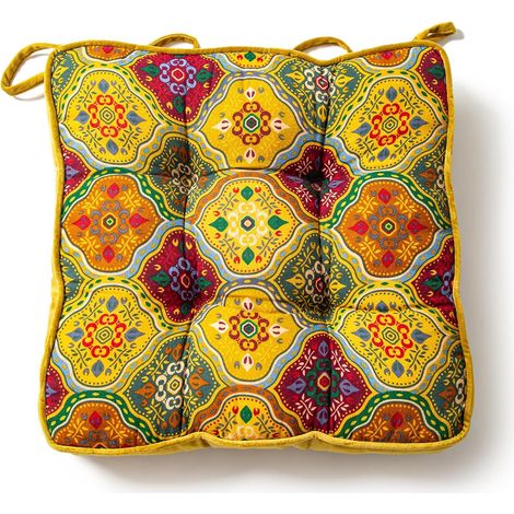 Coussin de chaise en velours style bohème pour chaises de cuisine ou de salle à manger, coussin de chaise imprimé avec attaches, coussin carré doux et confortable (jaune, 40 x 40 cm)
