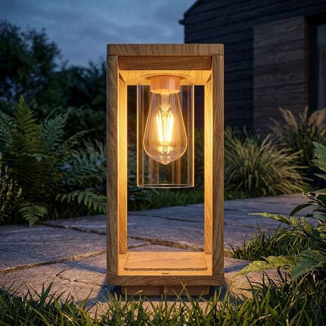 Lampe d'extérieur LED Lanterne Outdoor aspect bois Lampe d'extérieur avec capteur crépusculaire Résistant aux intempéries IP44, aluminium plastique, 7W 720lm blanc chaud, LxLxH 15x15x35 cm (1/5)