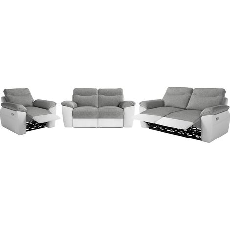 Canapés de relaxation ROSS électriques 3 et 2 places et fauteuil en tissu et simili - Blanc/Gris