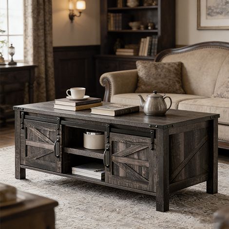 Table basse relevable bois Style Farmhouse 48" avec Porte de Grange Coulissante, Rangement Caché & Étagère Réglable, Table Centre pour Salon & Bureau - Panneau de Particules Dark Rustic Oak (1/5)