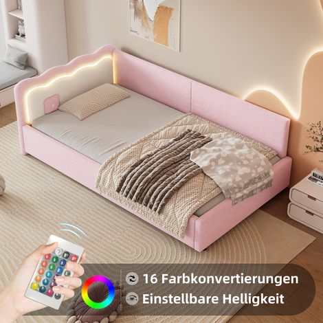 Sofá cama infantil 90×200 cm con LED, cama individual, somier de láminas, tejido imitación lana, sin colchón, color rosa (1/5)